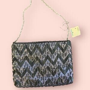 Vtg Handbag Purse Sequins Beaded Bag Silver Chain Strap Purple Satin Lined Small